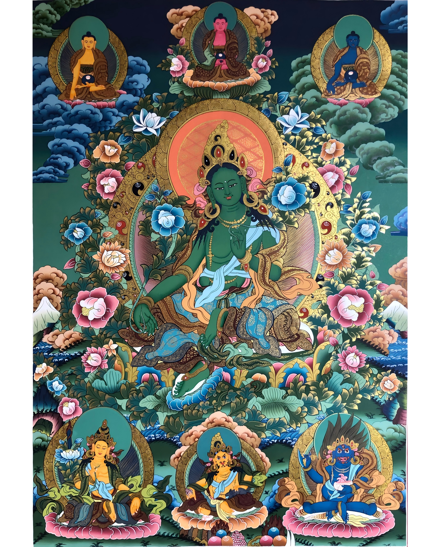 AURESTAR Green Tara thangka painting shown in full front view.