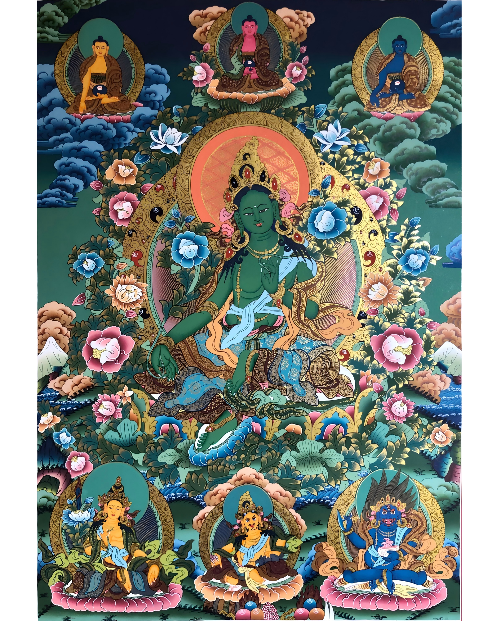AURESTAR Green Tara thangka painting shown in full front view.
