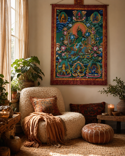 Green Tara thangka wall art displayed in a warm home corner.