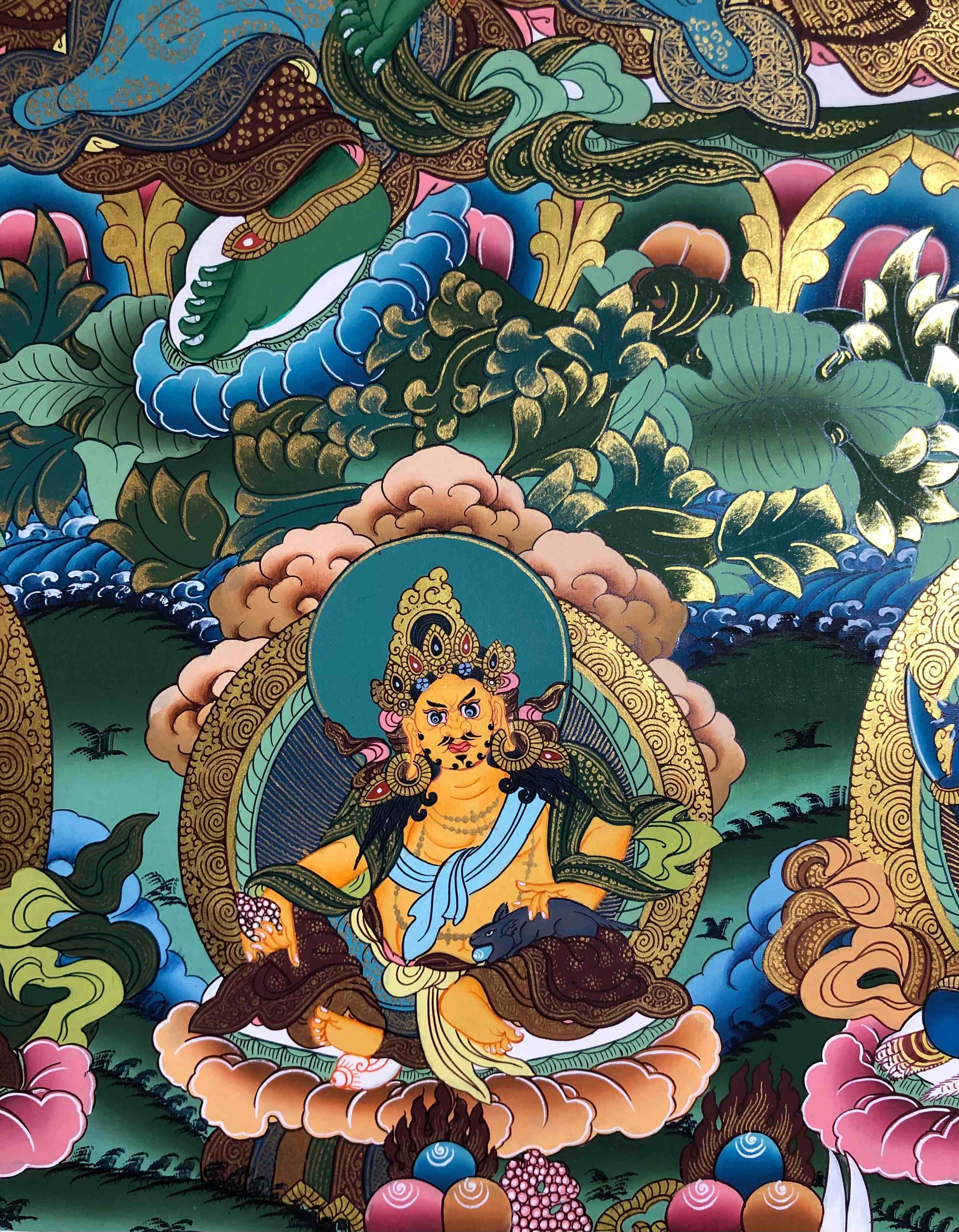 Lower-center Buddhist figure detail from the Green Tara thangka painting.