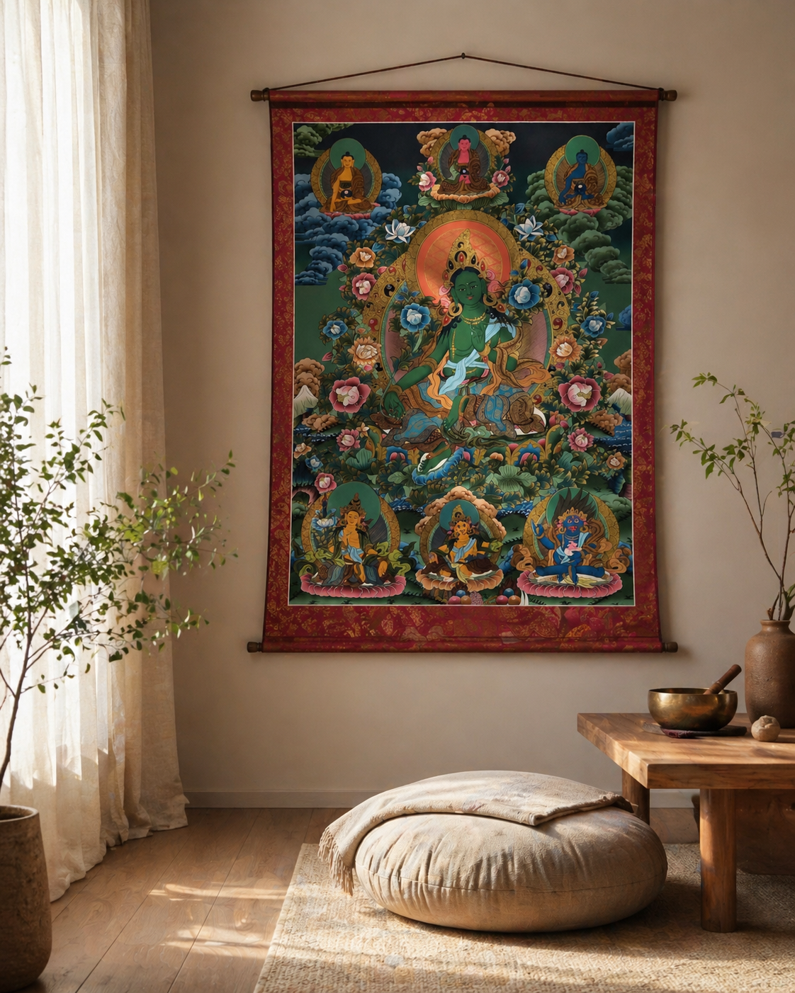 Lower-left Buddhist figure detail from the AURESTAR Green Tara thangka.