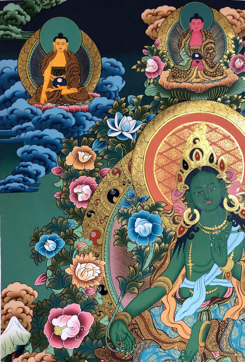 Upper-left detail of AURESTAR Green Tara thangka with Buddhist figures.