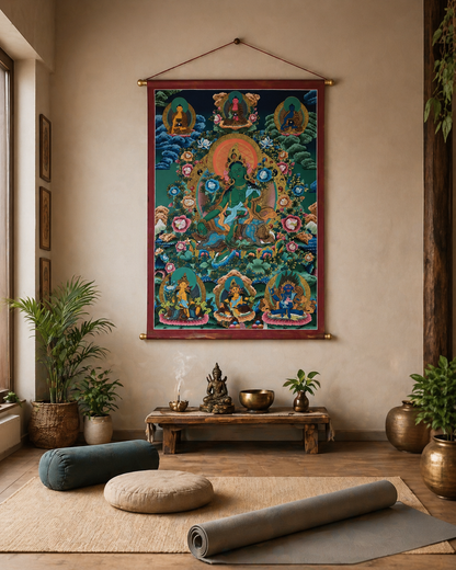 AURESTAR Green Tara thangka displayed in a calm yoga room setting.