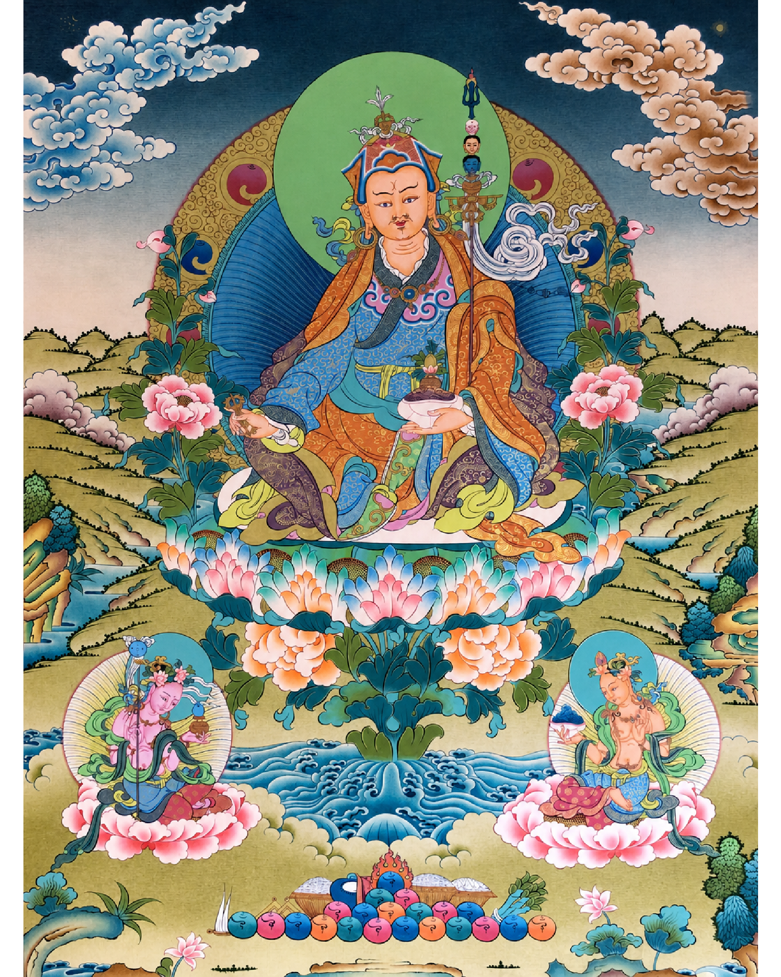 AURESTAR Guru Rinpoche Padmasambhava thangka with Tibetan Buddhist artwork.