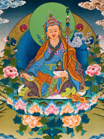 Close-up of Guru Rinpoche in an AURESTAR Padmasambhava thangka.