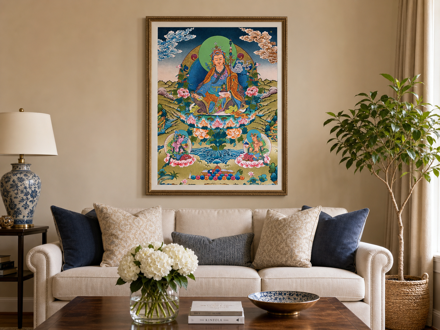 AURESTAR Guru Rinpoche thangka displayed above a living room sofa.