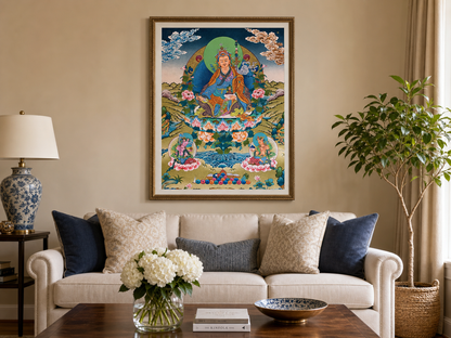 AURESTAR Guru Rinpoche thangka displayed above a living room sofa.