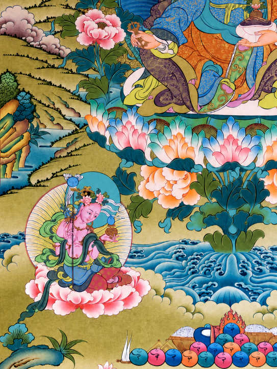 Lower left lotus, water, and Buddhist figure details in a Guru Rinpoche thangka.