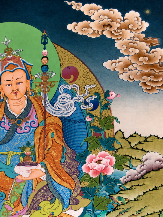 Upper right cloud, landscape, and figure details in a Guru Rinpoche thangka.
