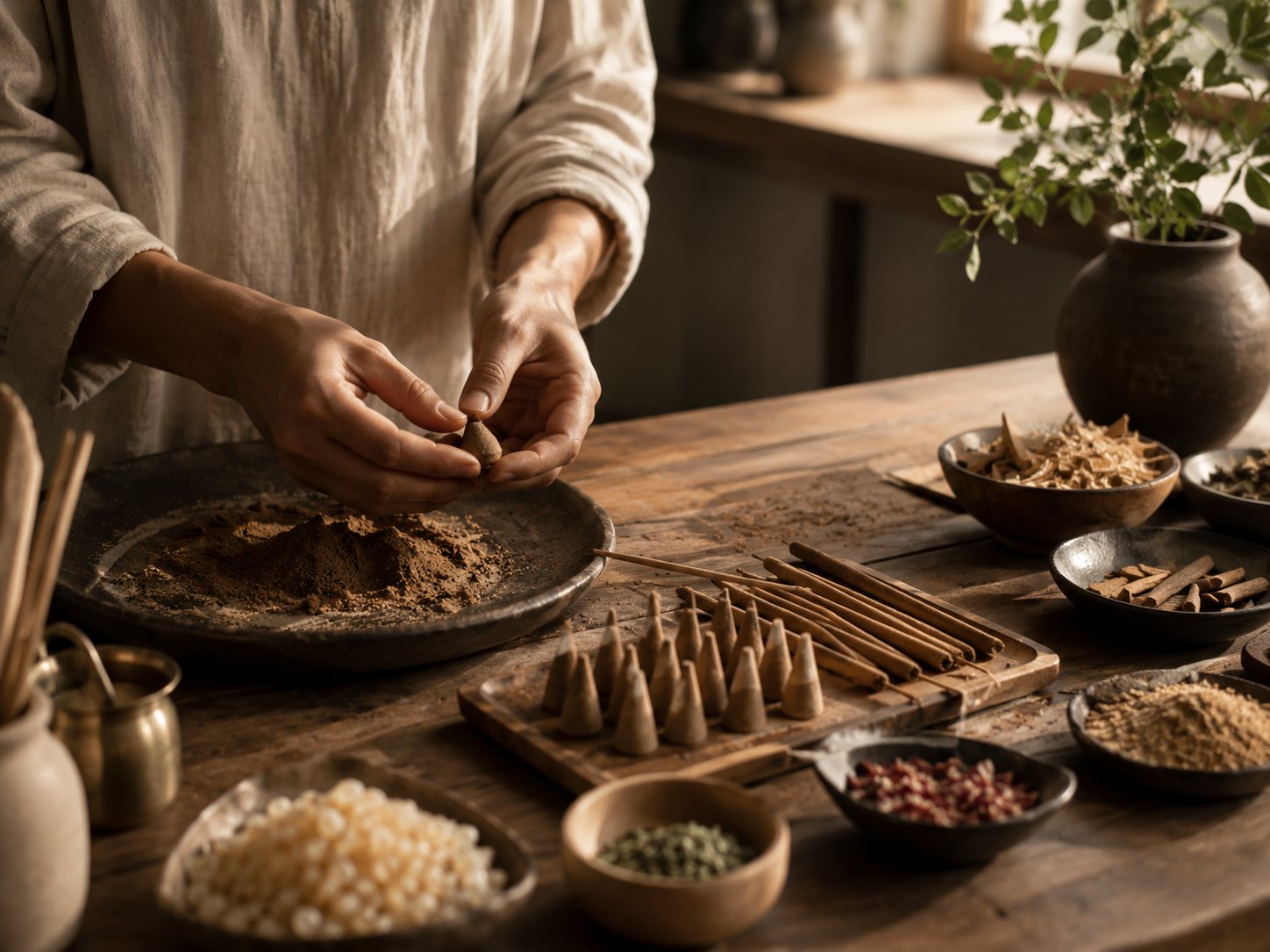Handcrafted incense making with natural aromatic materials for meditation and mindful home atmosphere