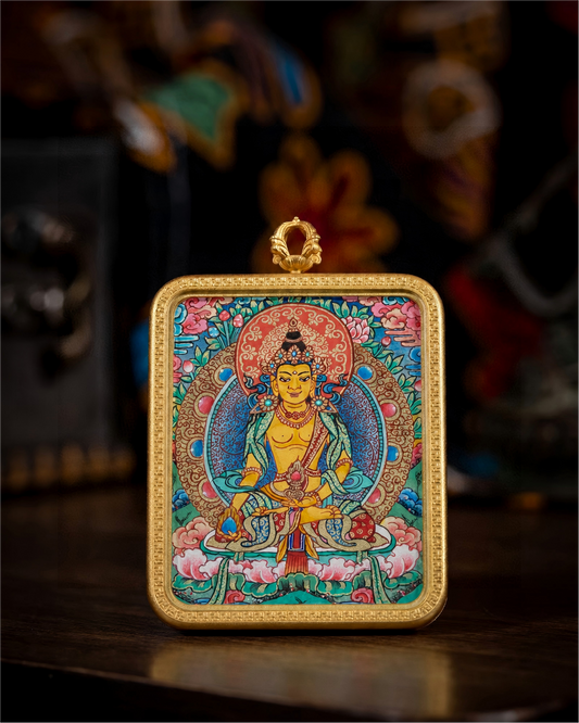 AURESTAR Ksitigarbha thangka pendant displayed upright on a wooden table.