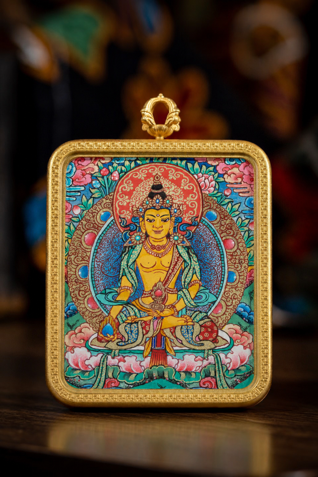 AURESTAR Ksitigarbha thangka pendant front close-up in a copper case.