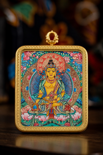AURESTAR Ksitigarbha thangka pendant front close-up in a copper case.