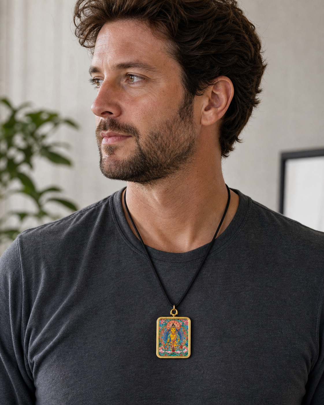 Man wearing an AURESTAR Buddhist thangka pendant with a charcoal shirt.