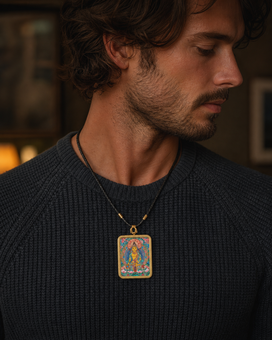 Man wearing an AURESTAR Ksitigarbha thangka pendant with a dark sweater.