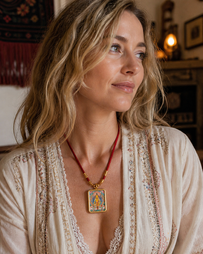 Woman wearing an AURESTAR Ksitigarbha thangka pendant with an embroidered white top.