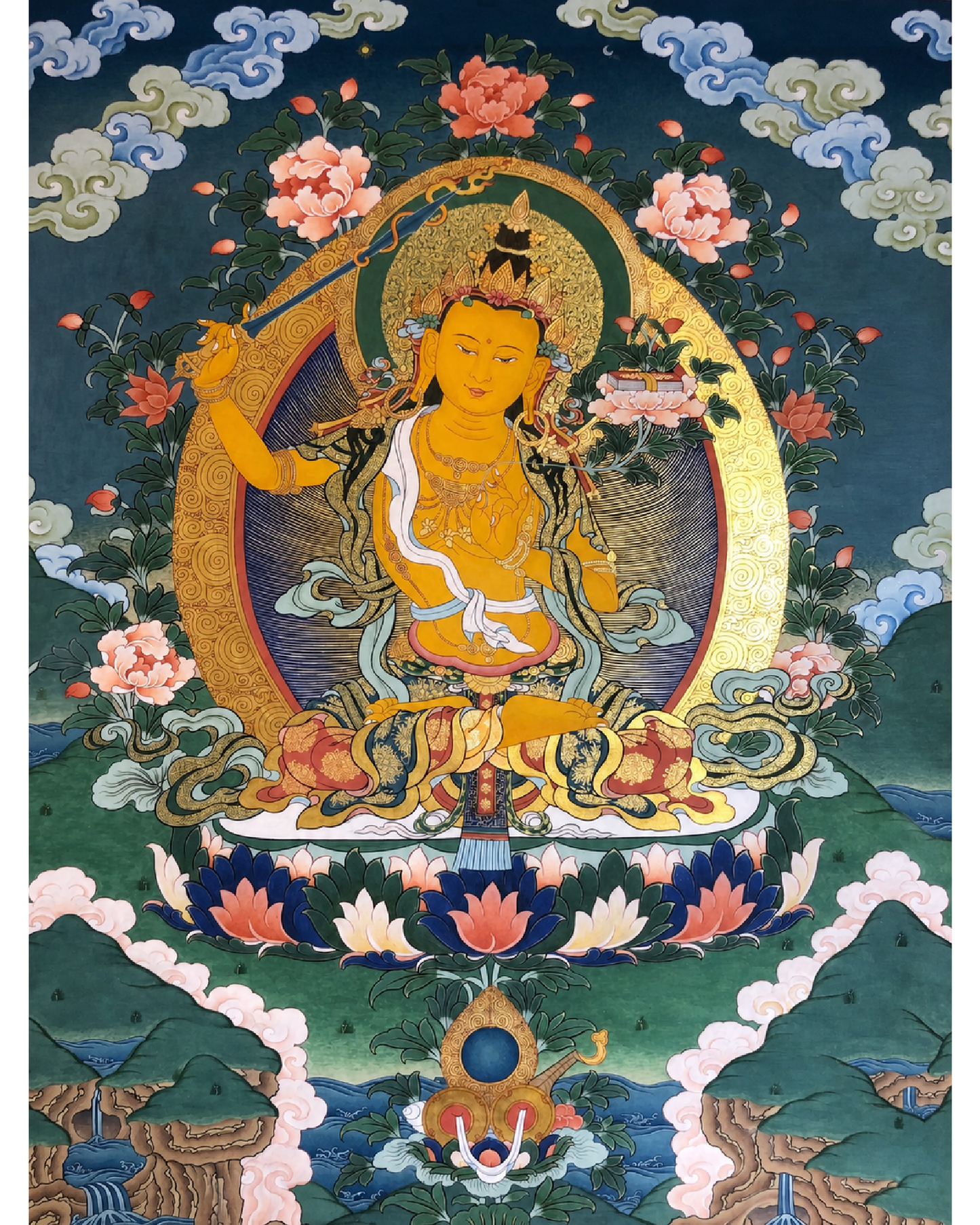 AURESTAR Manjushri Bodhisattva thangka painting with colorful Tibetan Buddhist artwork.