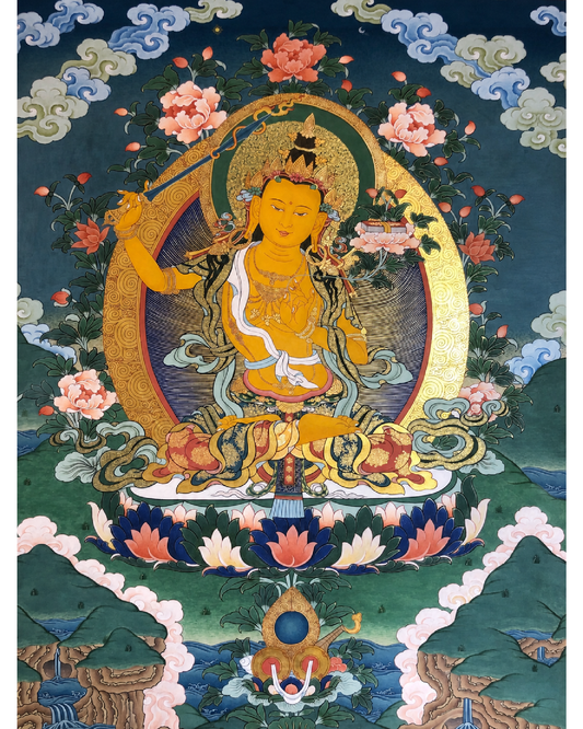 AURESTAR Manjushri Bodhisattva thangka painting with colorful Tibetan Buddhist artwork.