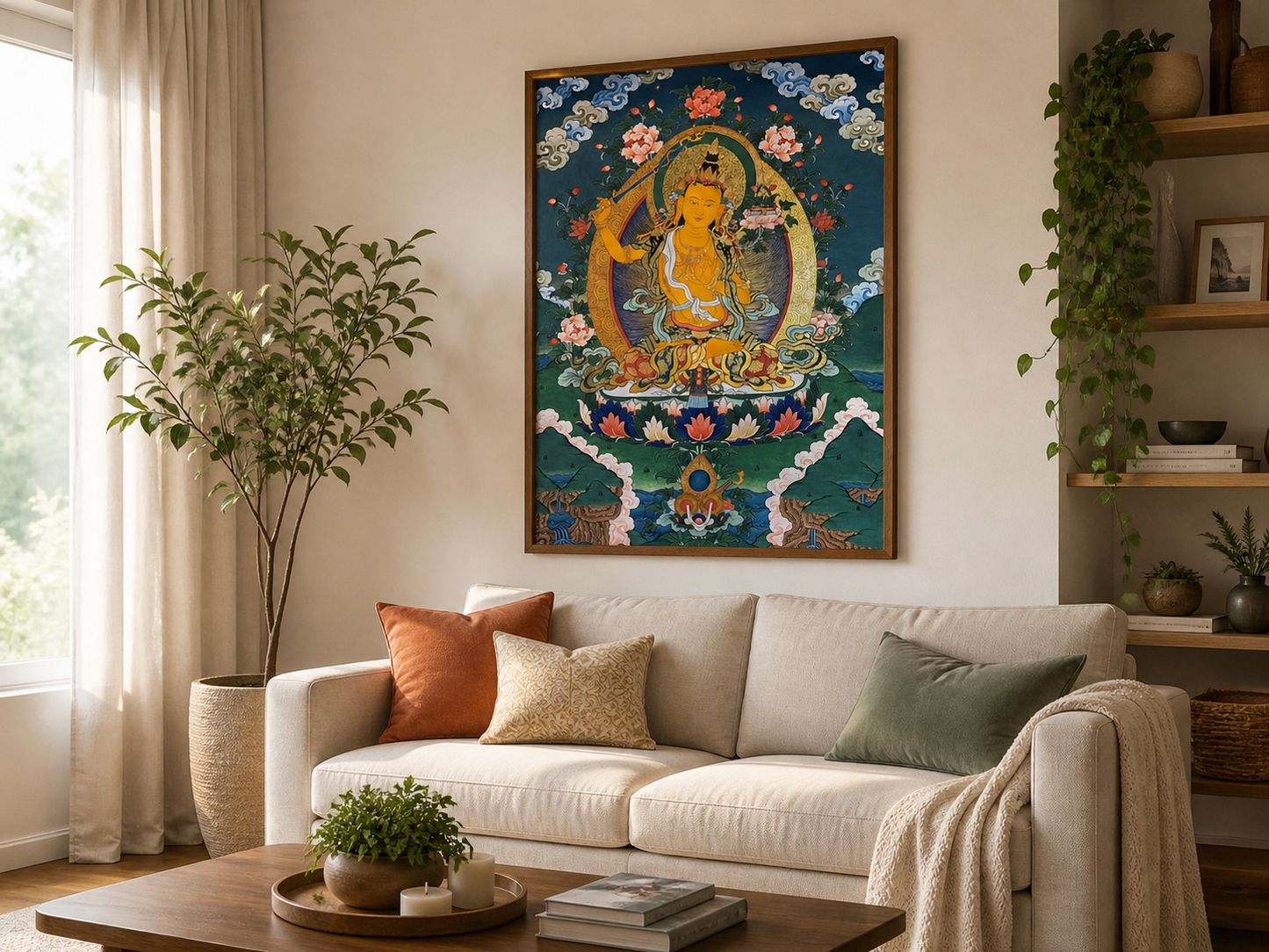 AURESTAR Manjushri thangka wall art displayed in a living room.