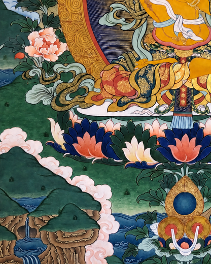 Lower lotus and landscape details in an AURESTAR Manjushri thangka painting.