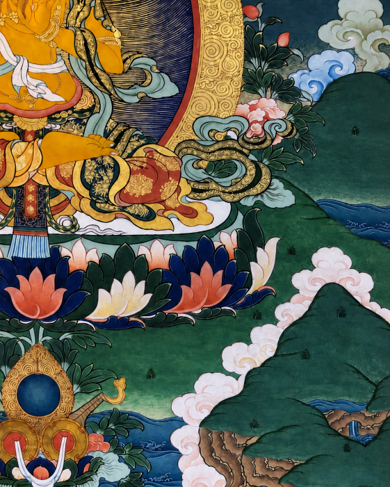 Lower hill, lotus, and cloud details in an AURESTAR thangka painting.