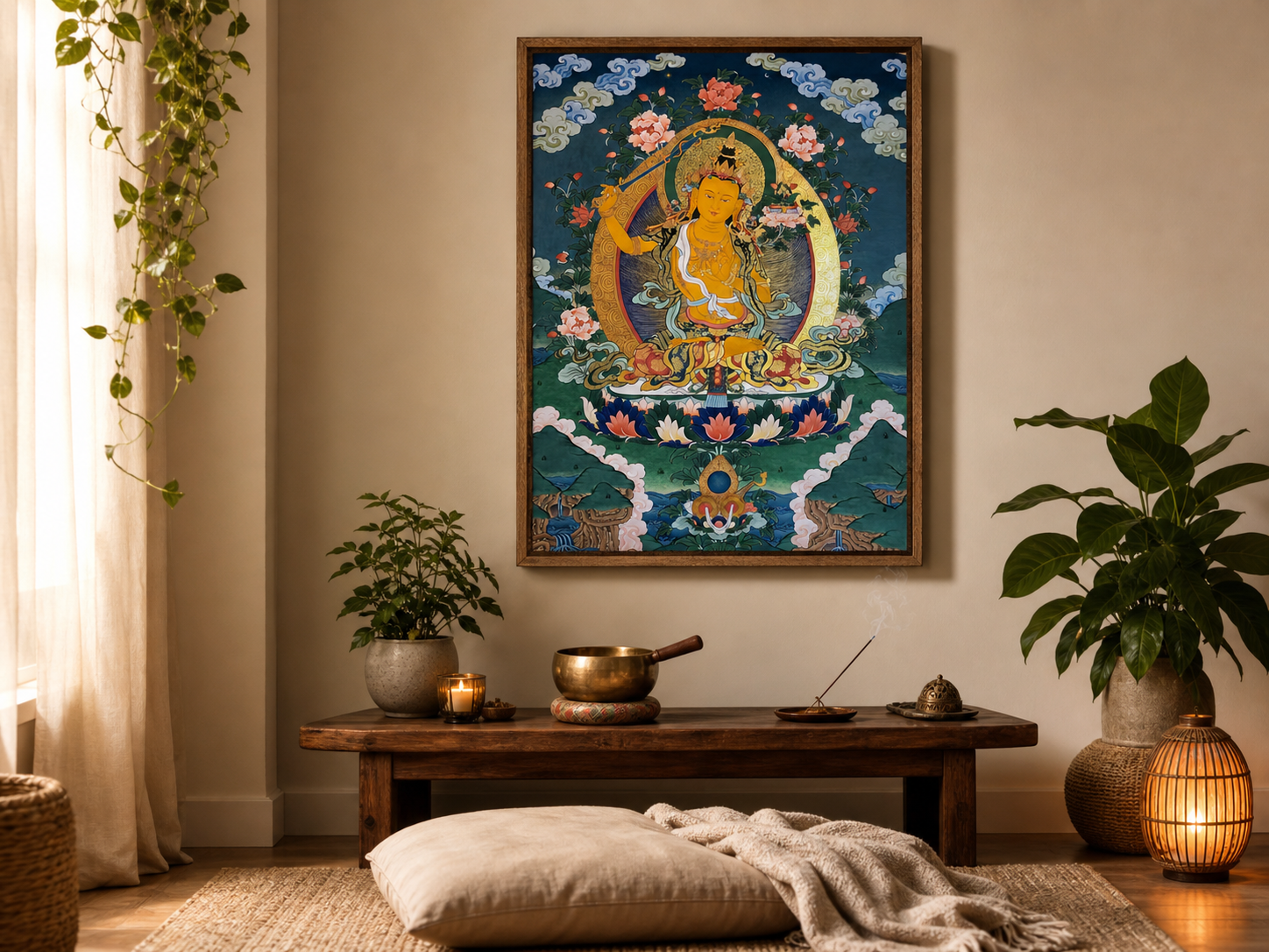 AURESTAR Manjushri thangka displayed in a warm meditation corner.