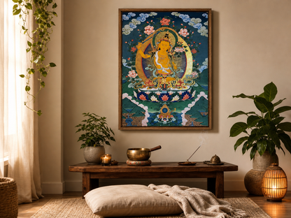 AURESTAR Manjushri thangka displayed in a warm meditation corner.