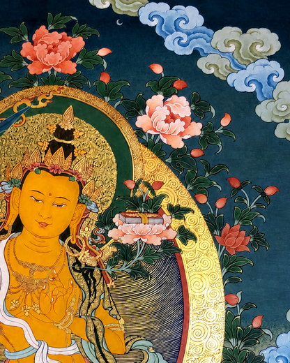 AURESTAR Manjushri thangka detail with flowers, clouds, and scripture on lotus.