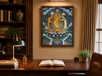 AURESTAR Manjushri thangka wall art displayed in a study room.