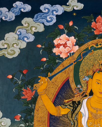 AURESTAR Manjushri thangka detail with clouds, flowers, and a raised sword.