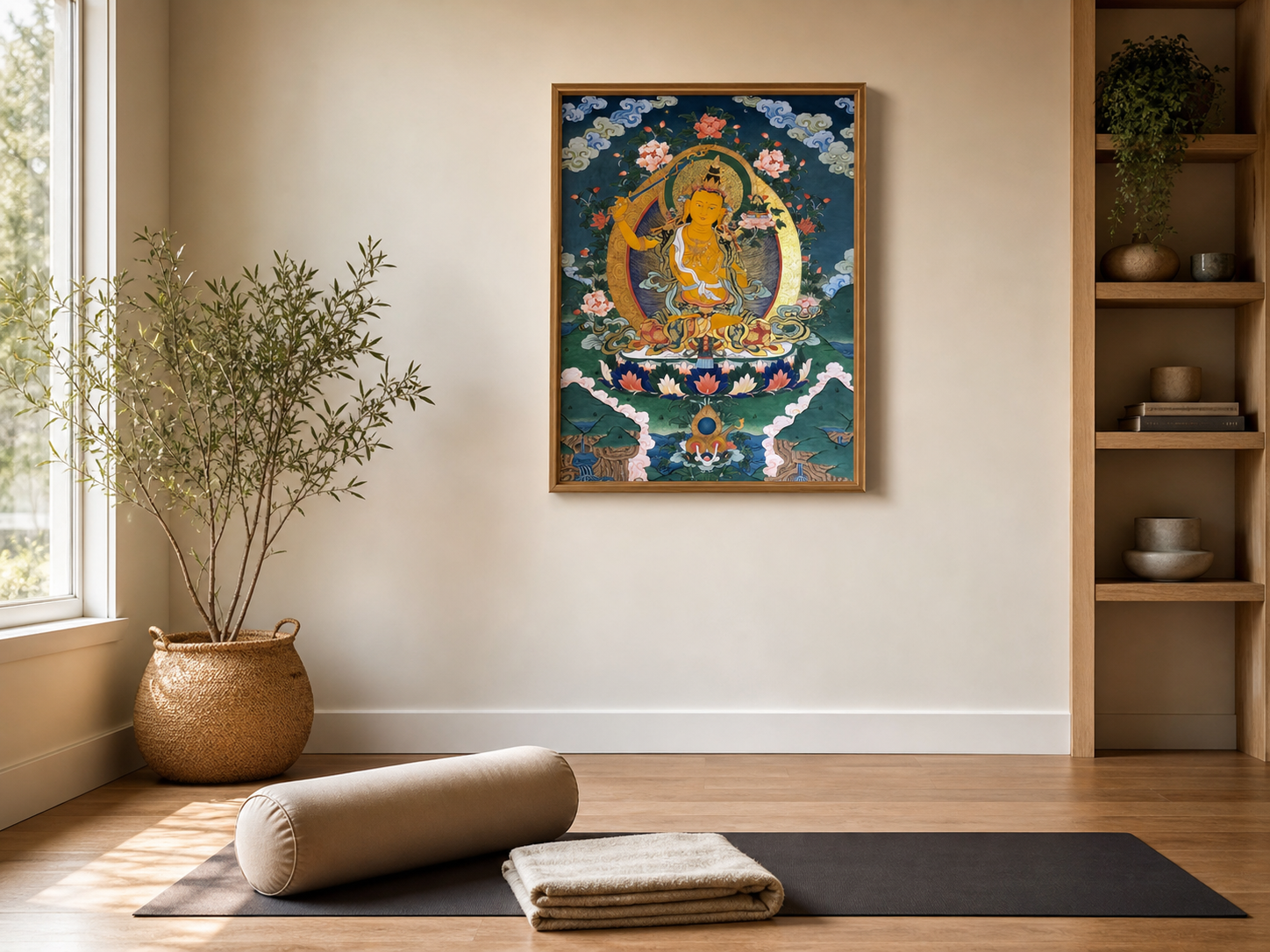 AURESTAR Manjushri thangka wall art displayed in a quiet yoga room.