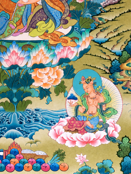 Lower right Buddhist figure, offering, and water details in a Padmasambhava thangka.