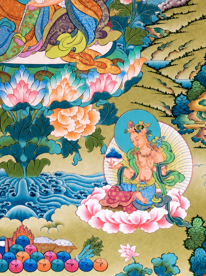 Lower right Buddhist figure, offering, and water details in a Padmasambhava thangka.
