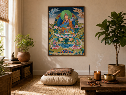 AURESTAR Padmasambhava thangka displayed in a quiet meditation corner.