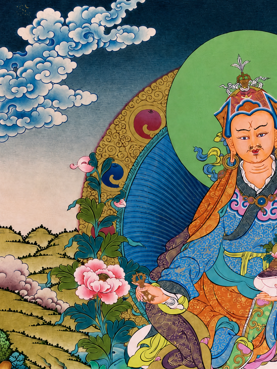 Upper left floral, cloud, and landscape details in a Padmasambhava thangka.