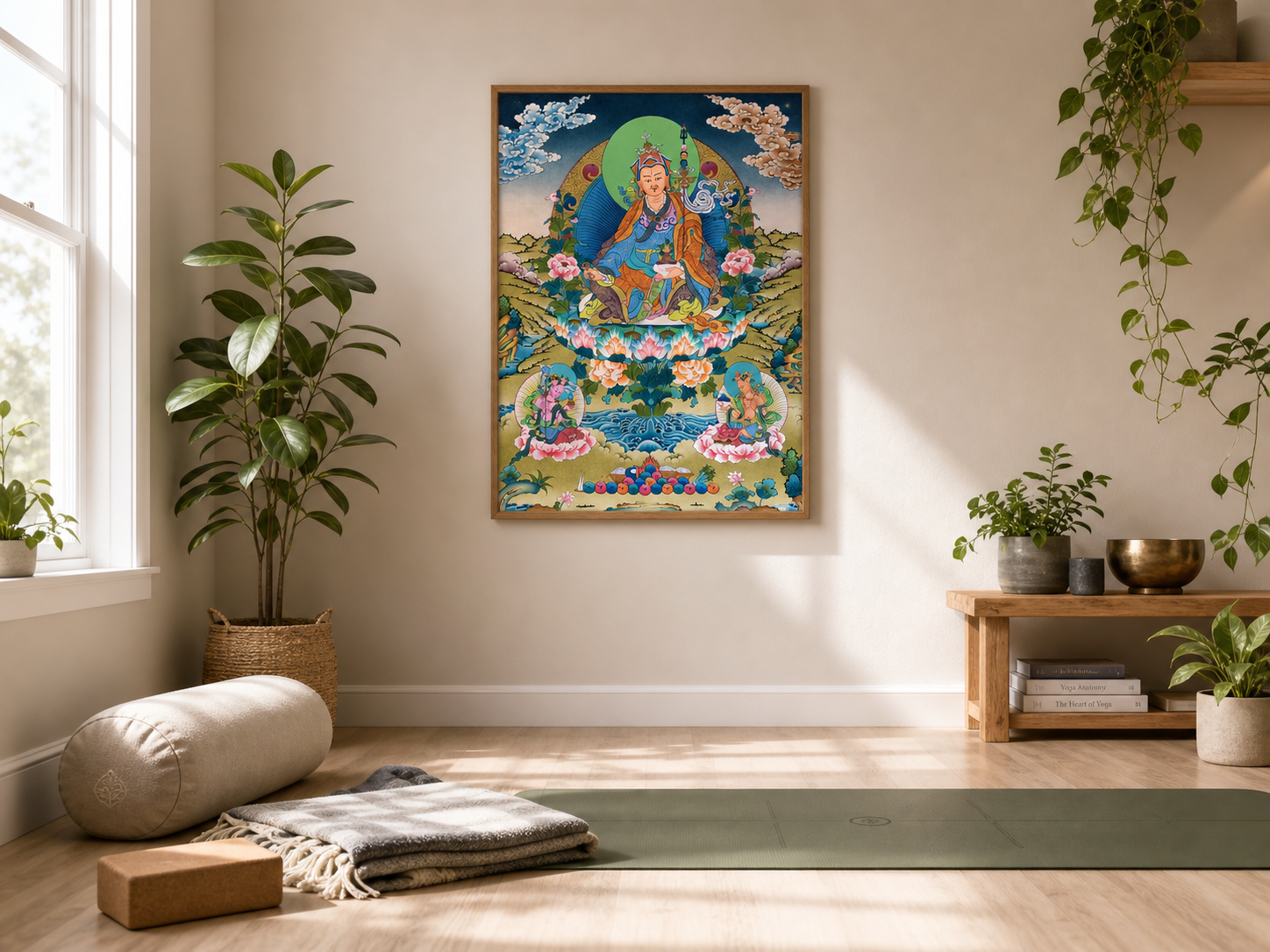 AURESTAR Padmasambhava thangka wall art displayed in a yoga room.