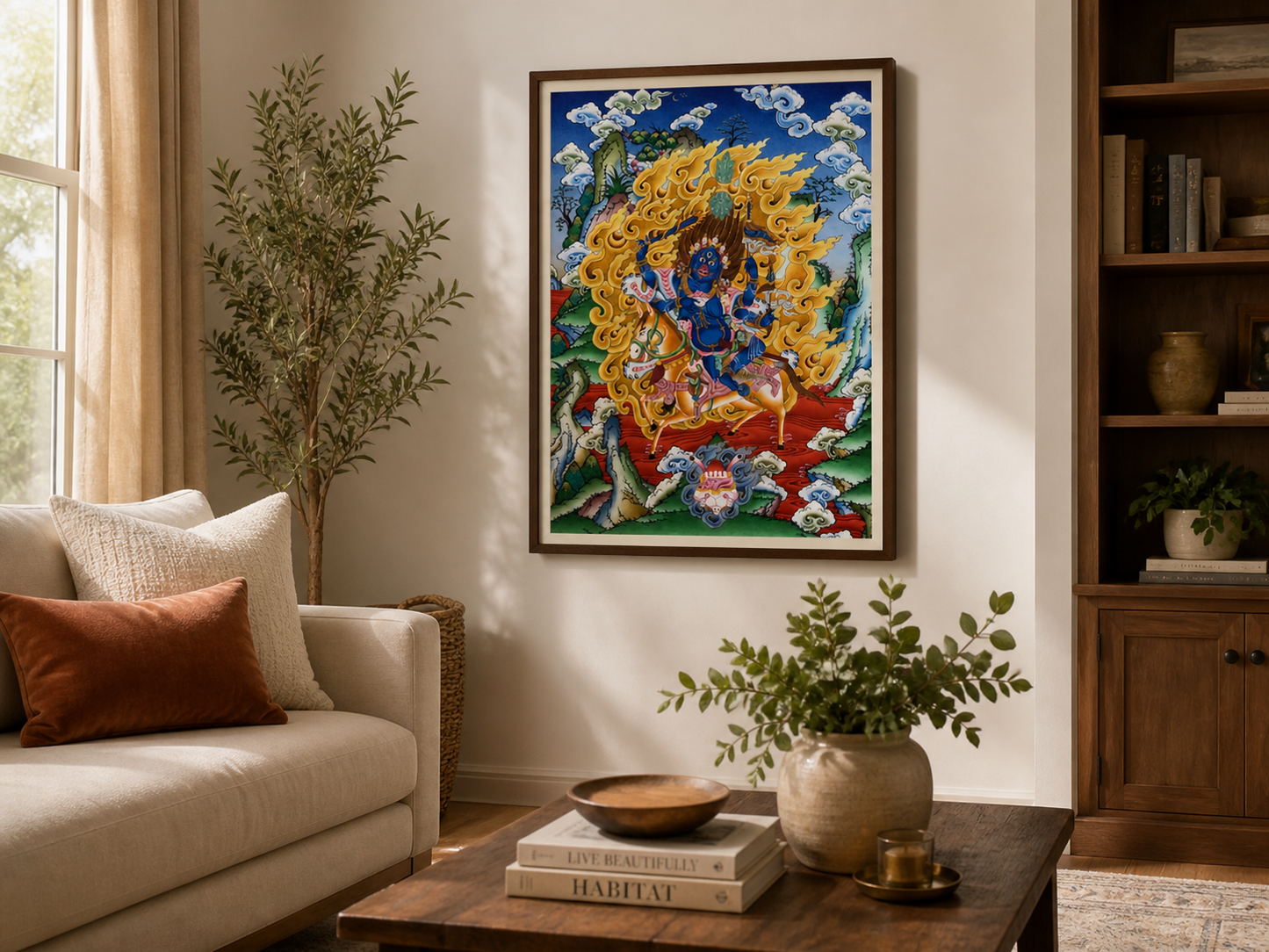 AURESTAR Palden Lhamo thangka displayed in a warm living room setting.