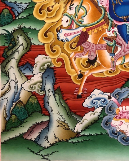 Lower-left thangka detail with horse, red ground, clouds, and mountains.