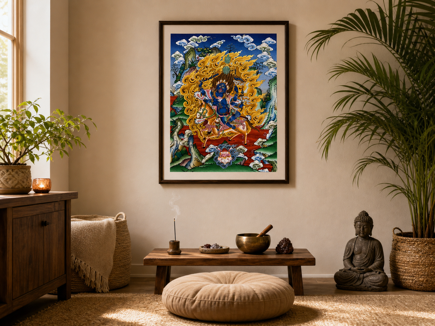 AURESTAR Palden Lhamo thangka displayed in a meditation corner with plants.