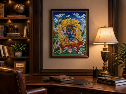 AURESTAR Palden Lhamo thangka displayed above a wooden study desk.