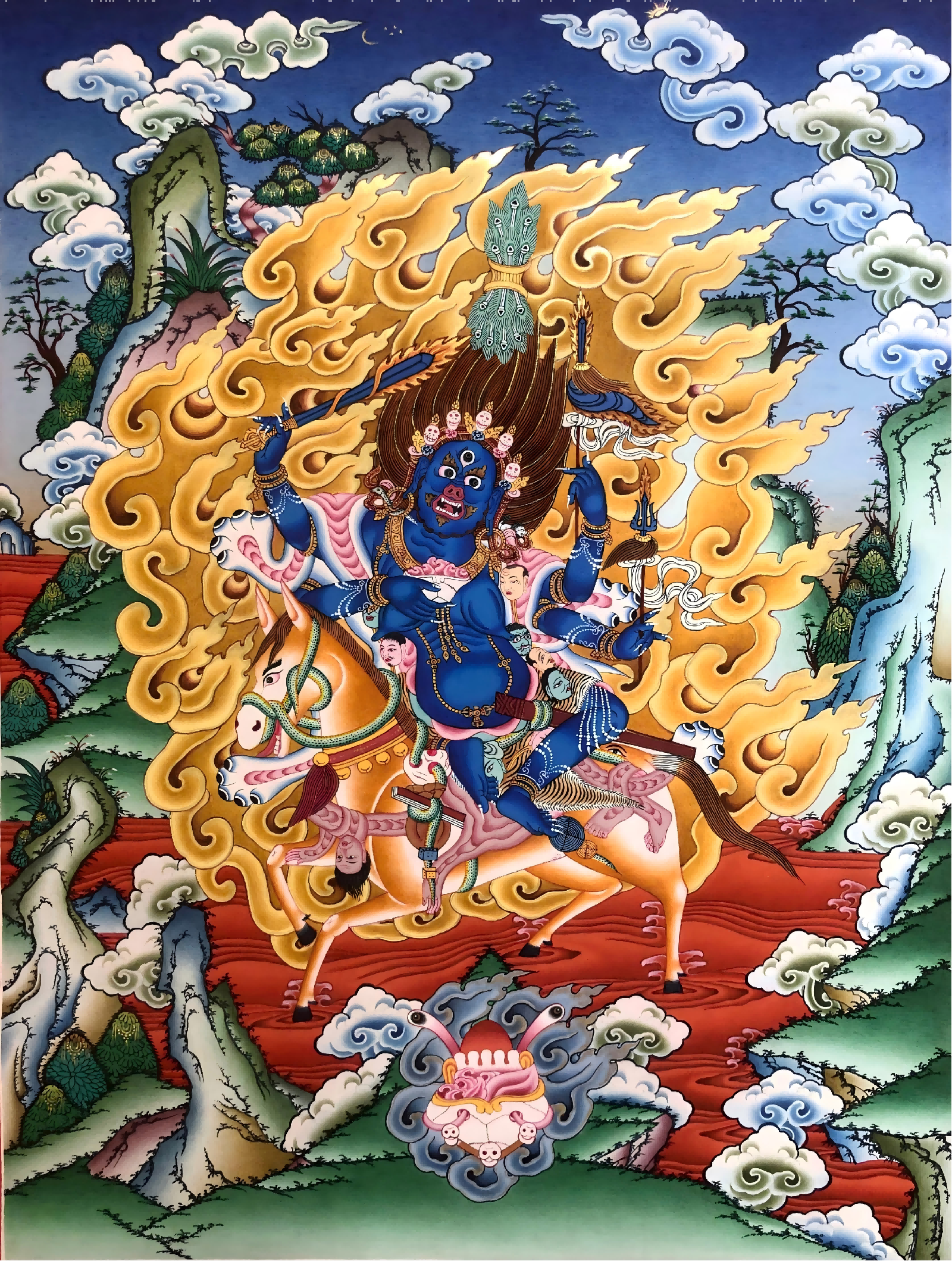 Front view of AURESTAR Palden Lhamo thangka with clouds and golden flames.