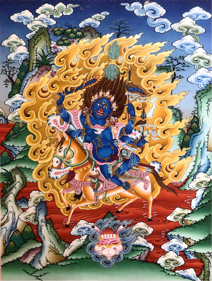 Front view of AURESTAR Palden Lhamo thangka with clouds and golden flames.