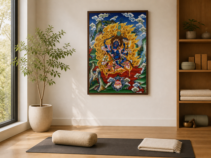 Palden Lhamo thangka wall art displayed in a calm yoga room.