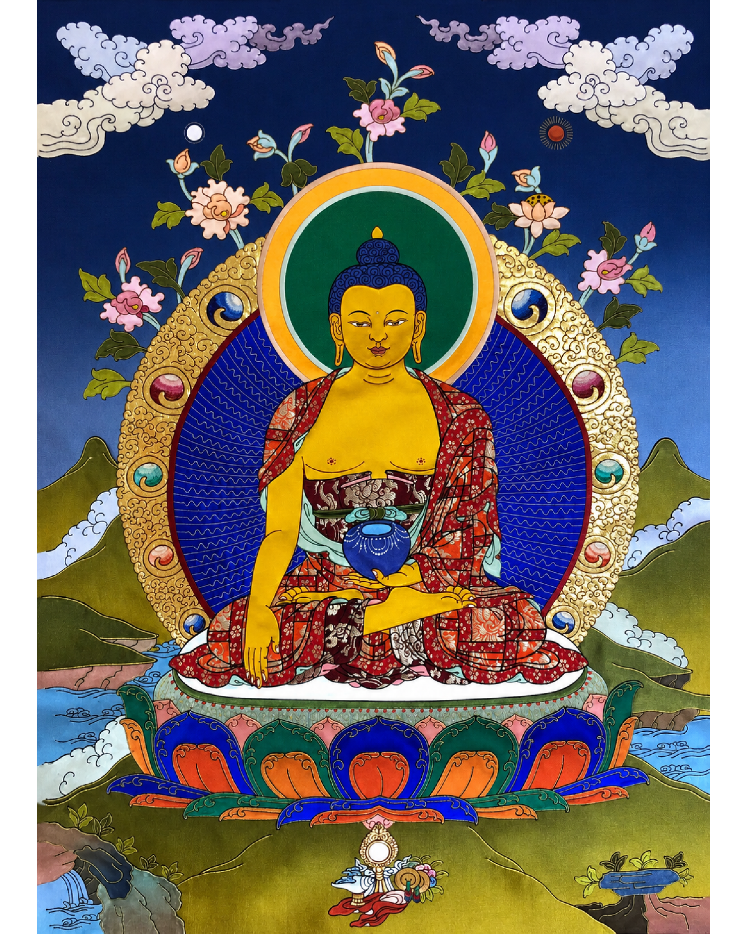 AURESTAR Shakyamuni Buddha thangka with colorful Tibetan Buddhist artwork.