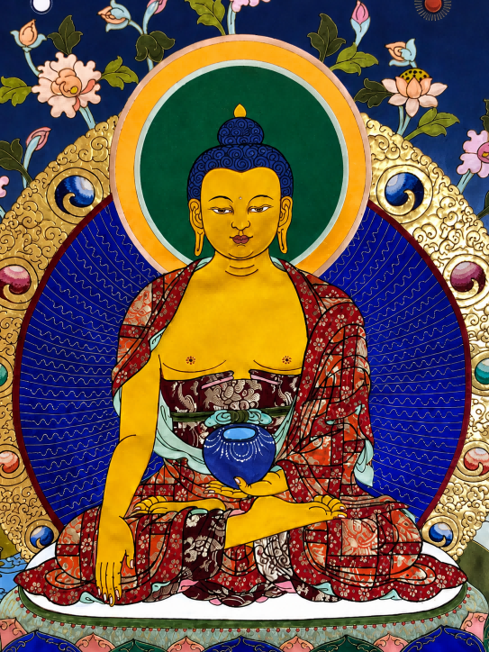 Close-up of Shakyamuni Buddha in an AURESTAR thangka artwork.