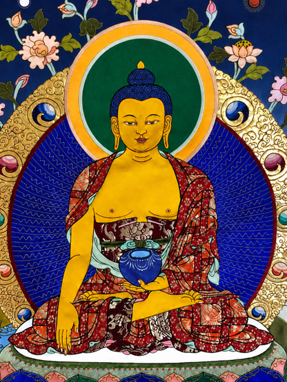 Close-up of Shakyamuni Buddha in an AURESTAR thangka artwork.