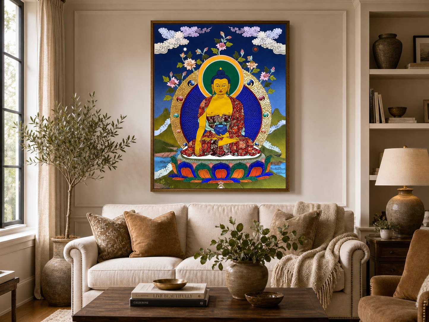 AURESTAR Shakyamuni thangka wall art displayed in a bright living room.