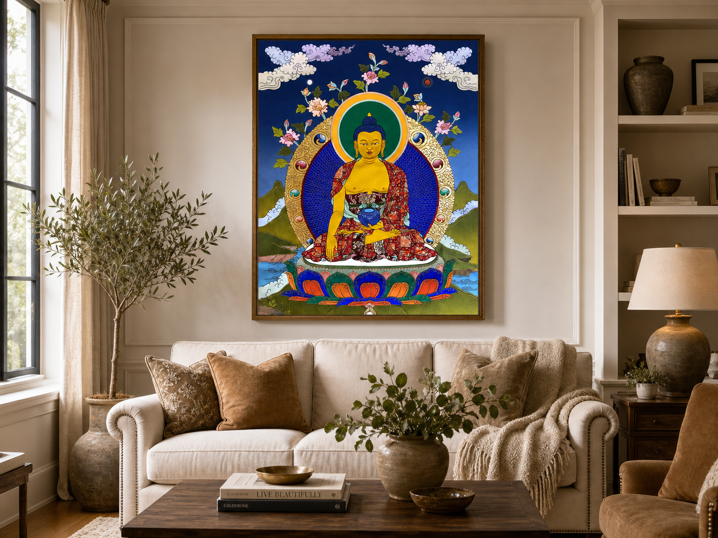 AURESTAR Shakyamuni thangka wall art displayed in a bright living room.