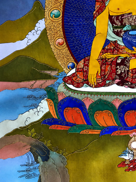 Lower left lotus, mountain, and cloud details in a Shakyamuni thangka.