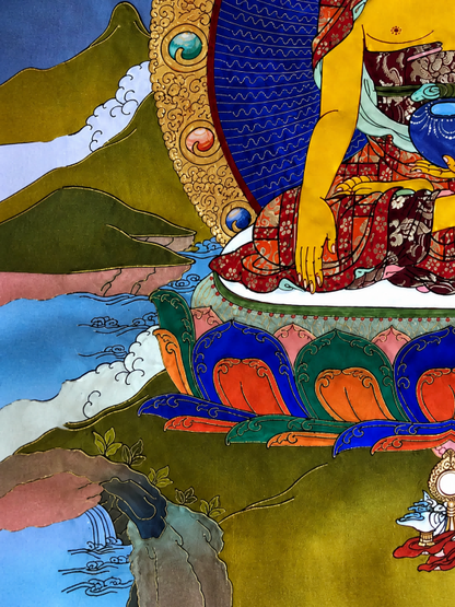 Lower left lotus, mountain, and cloud details in a Shakyamuni thangka.